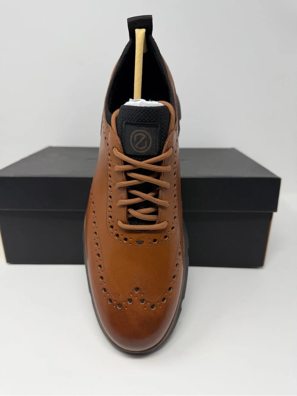Cole Haan Brown British Tan Leather Wingtip Oxford with Black Accents